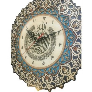 ساعت معرق چوب (آیه الکرسی و ان یکاد) با صفحه چرمی قطر37